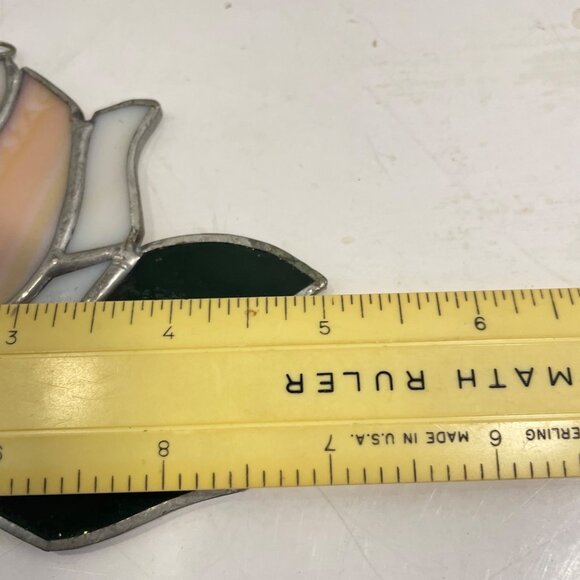 Handcrafted Stained Glass Rose Sun Catcher With Pink & White Petals Green Leaves - Picture 4 of 8